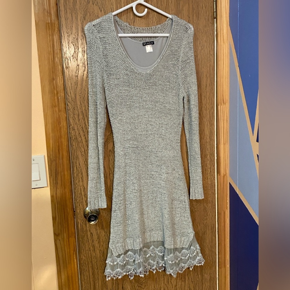 Venus light grey long sleeve shear sweater dress with lace detail